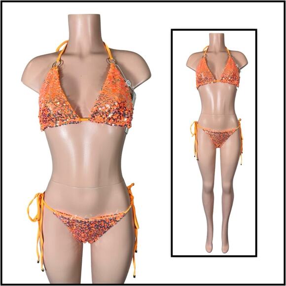 Beach Bunny Orange Icon Triangle Top DD & Icon Tie Side Skimpy Bottom M $250 - Picture 2 of 12